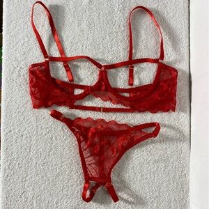 Sexy Red Underwire Floral Lace Sheer Lingerie Set S